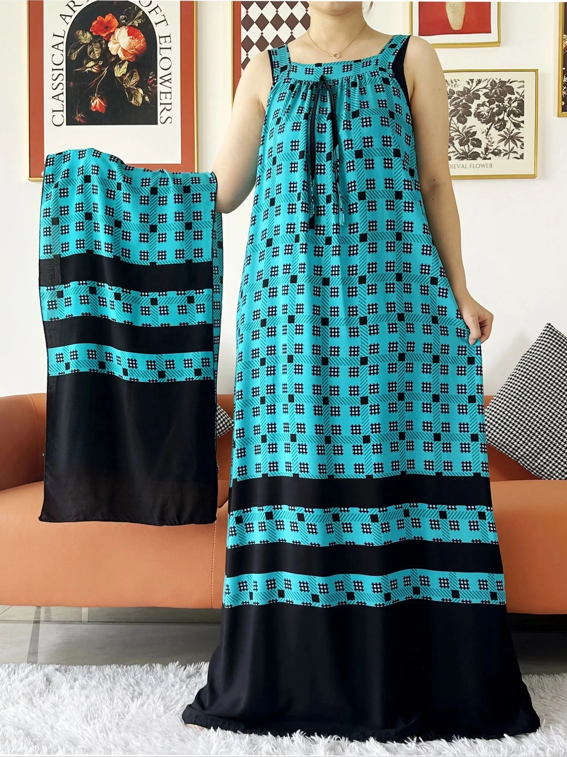 2024 New Women Cotton Summer Sleeveless Dress With Scarfs Under Dress African Dashiki Maxi Lady Robe Loose Kaftan Vestidos