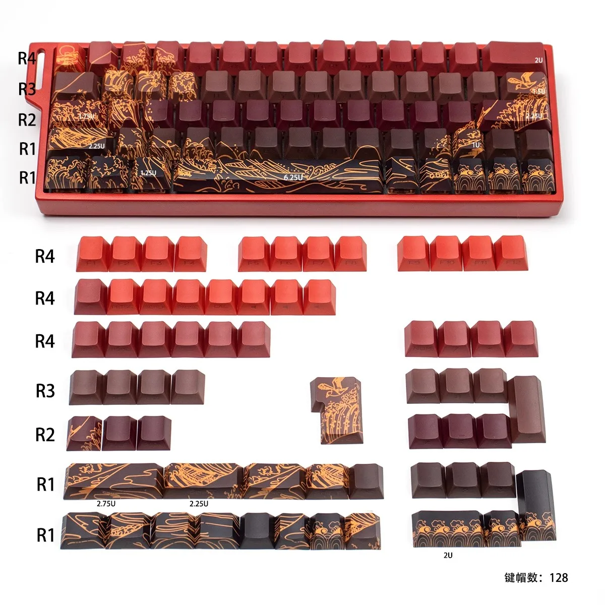 128 Keys Red Coral Sea Side Print PBT Keycaps Double Shot Backlit keycaps Cherry Profile For Cherry MX Gamer Mechanical Keyboard