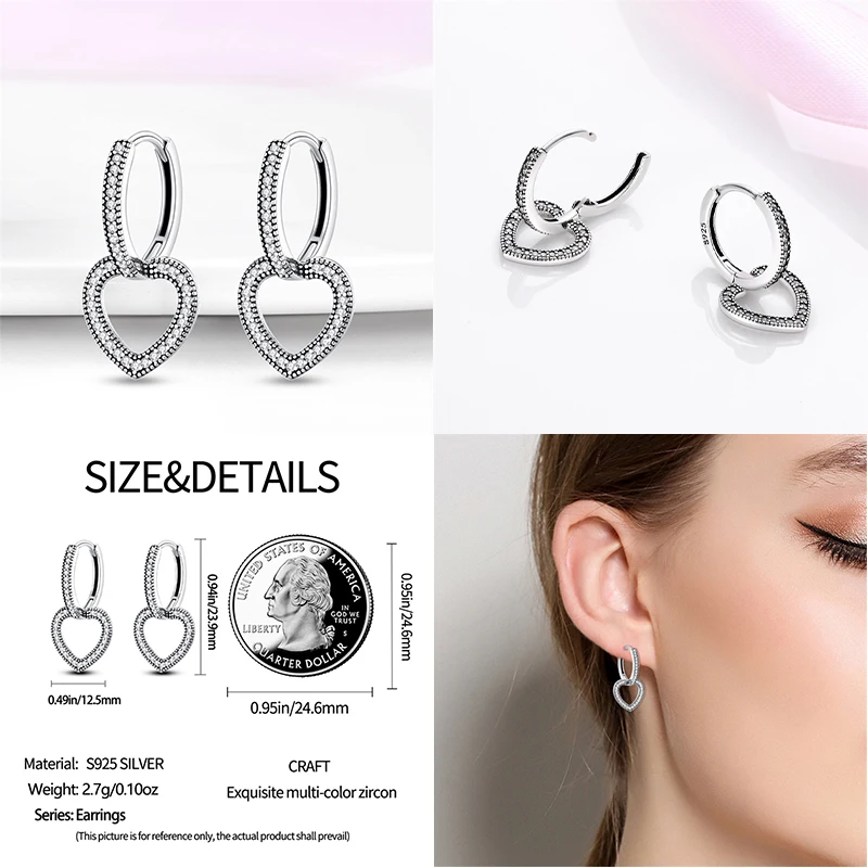 Real 925 Sterling Silver Rose Gold Color Zircon Love-Heart Shape Star Earrings For Women Fine Luxury Anniversary Jewelry Gifts