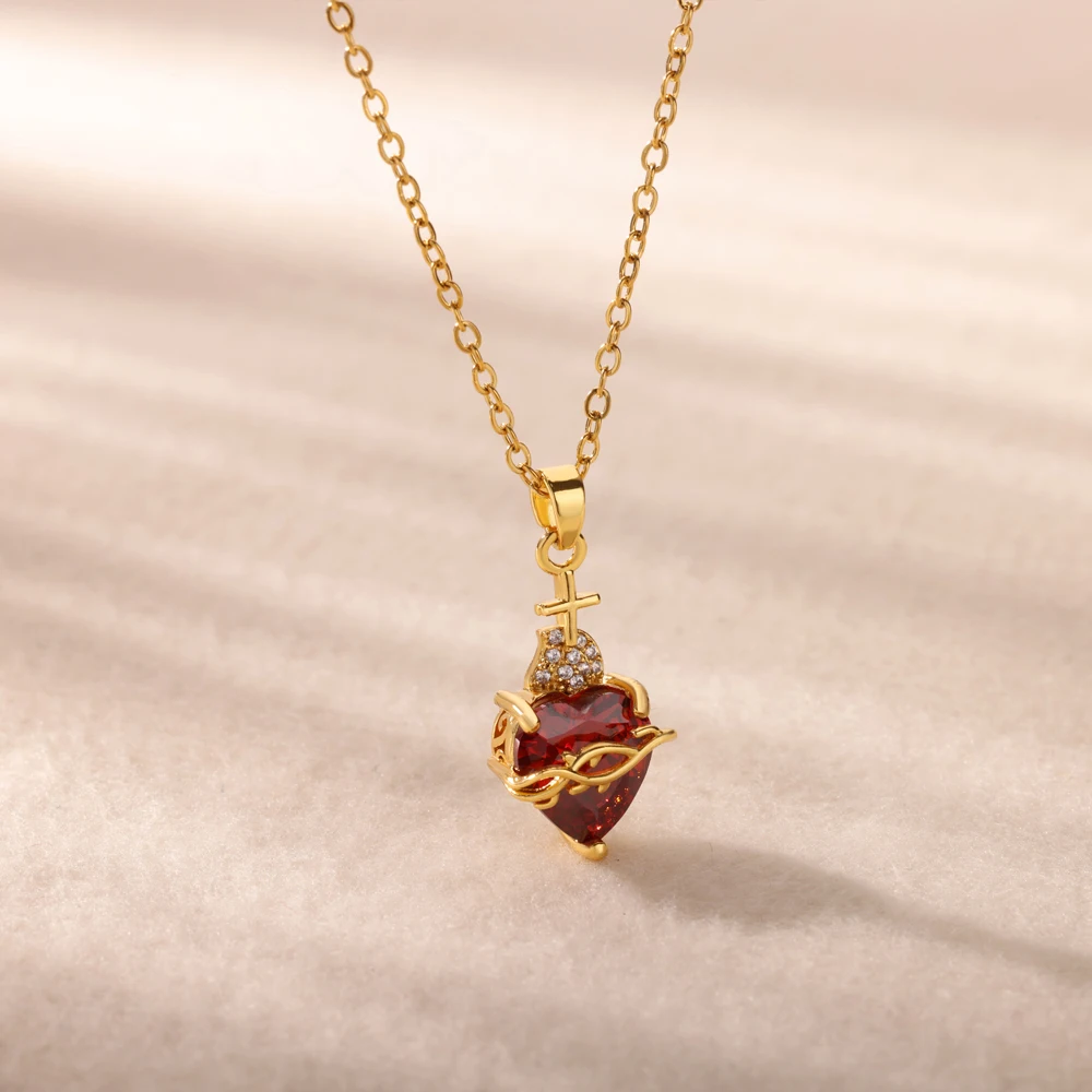 Exquisite Birthstone Zirconia Pendant Necklace Gold Color Stainless Steel Heart-shaped Necklace Fashion Jewelry Free Shipping