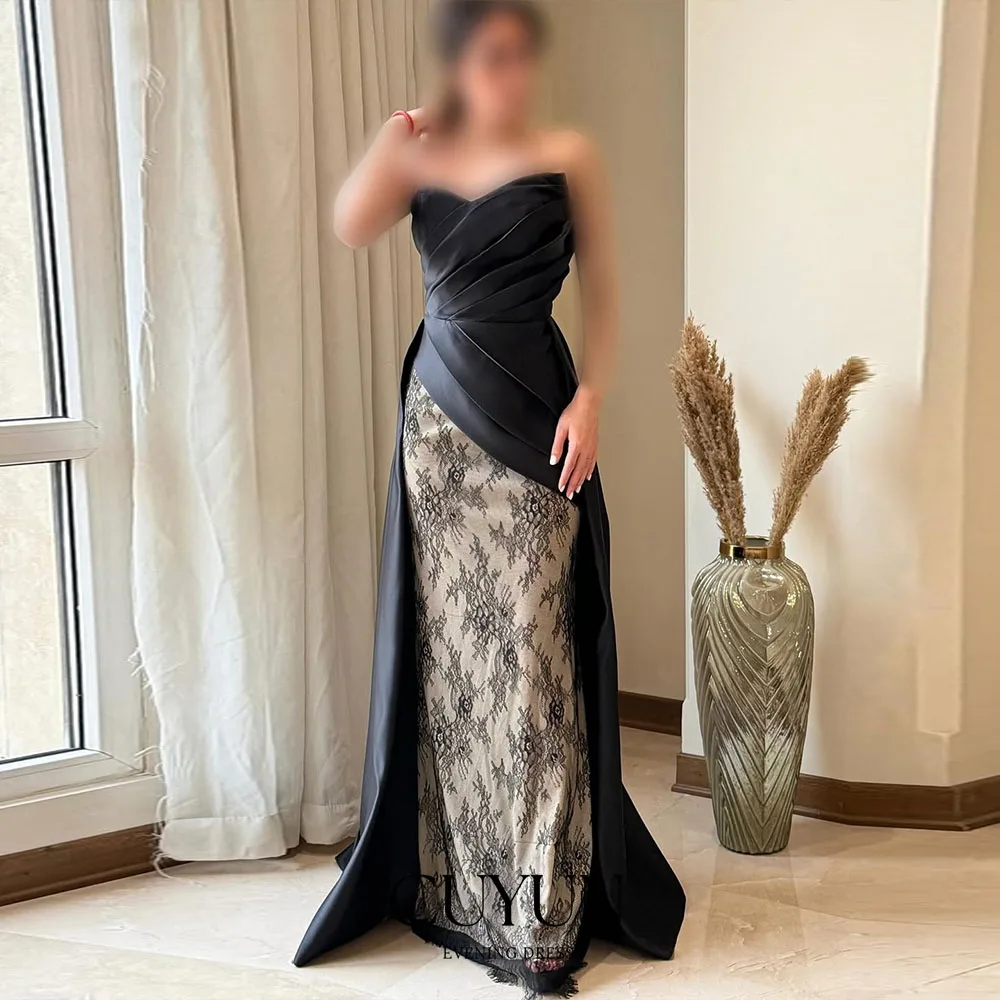 

CUYUN Customized Lace Patchwork Evening Gown Strapless Black Floor-Length Long Party Dresses Kuwait Formal Dinner Dresses