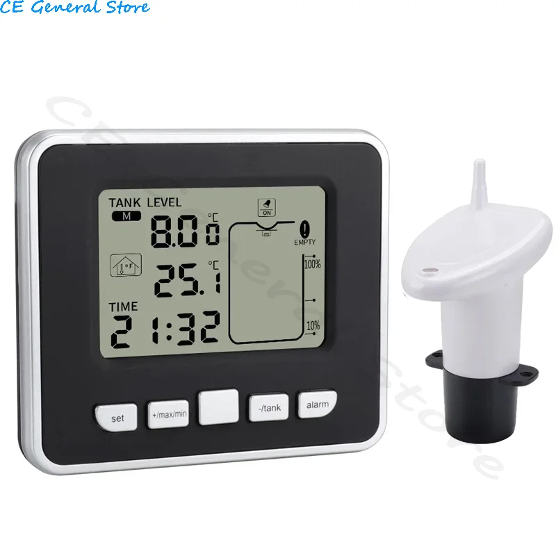 Ultrasonic Water Tank Liquid Level Meter With Temperature Sensor Water Level Monitor Time Display Low Battery Indicator Alarm