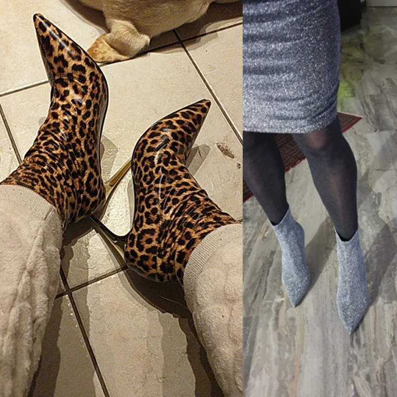 Sexy Sock Boot Female Stretch Slim Ankle Boots For Women High Heels Fashion Leopard Silver Party Shoes Spring Autumn Big Size 48
