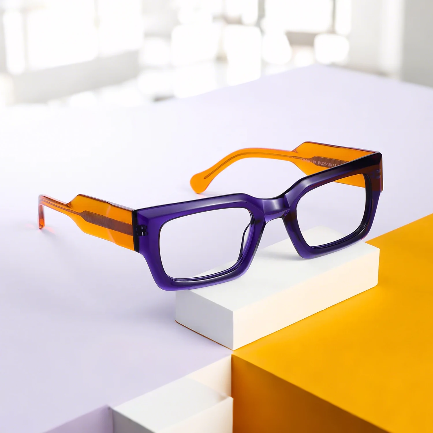 fytoo-ニッチクールパープルオレンジ長方形メガネ-ユニセックス、前衛的で多用途なデザイン、耐久性のあるアセテート、最高の贈り物。
