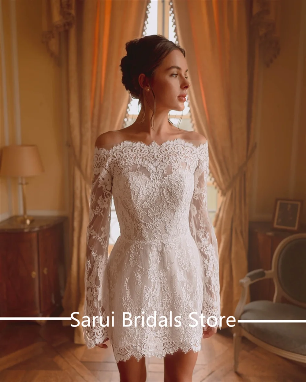 Bohemaid Boat Collar Lace Short Mini Wedding Dress with Long Sleeve Sheath  Bridesmaid Gown Button Wedding Gowns Customized - AliExpress 320