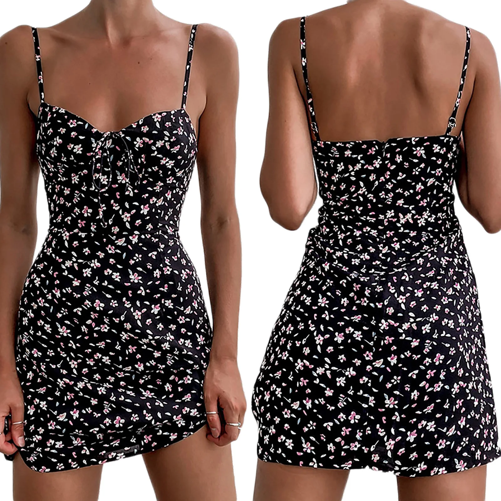 Robe d'été sexy à bretelles spaghetti pour femmes, dos nu, motif floral, en fibre noire, taille haute, coupe plage bohème, 2023