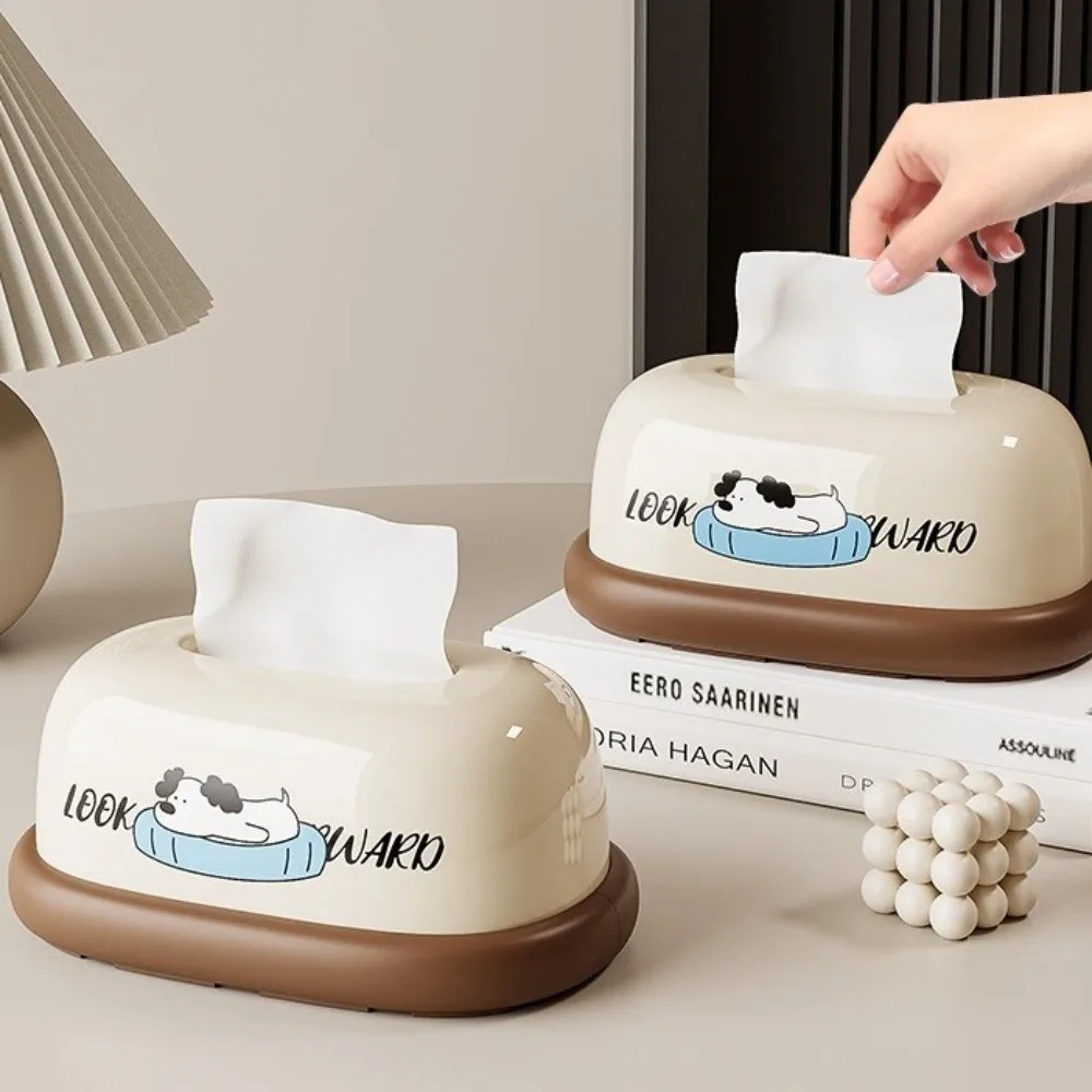 Cute Cream Style Desktop Tissue Box Decorative Plastic Tissue Rack Cartoon Pattern Napkin Holder Dining Table