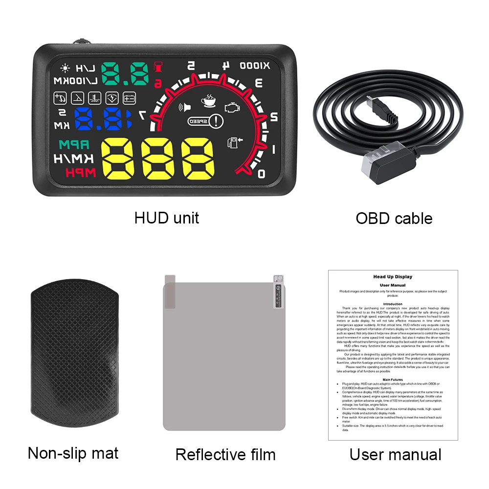 W02 Obd رئيس يصل عرض زجاج سيارة العارض على متن الكمبيوتر الذكية سرعة متر درجة حرارة الماء مقياس استهلاك الوقود
