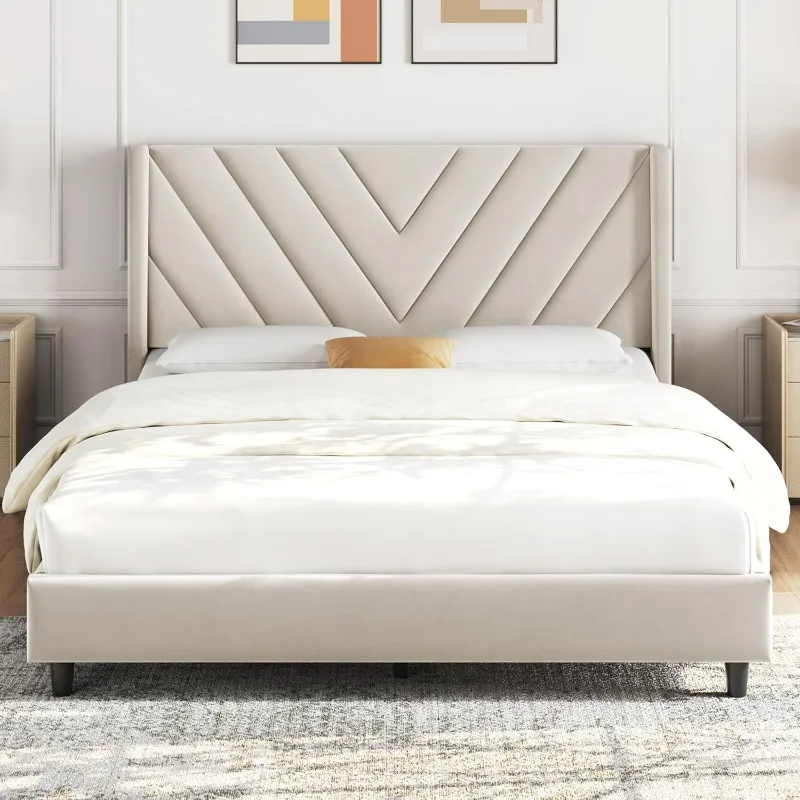 Full Bed Frame Upholstered Platform Bed with Wing Side Tufted Headboard/Sturdy Wooden Slat Support/No Box Spring Needed