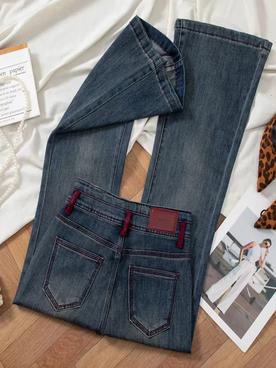 High Waist Bell Bottom Jeans Women's Slim Fit Straight Leg Cotton Stretch Denim Blue Color Autumn Season plus Size Pear Shape