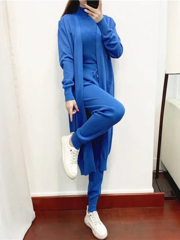 Winter Frauen Gestrickte 3 Stück Set Muslimischen Casual Verdicken Langen Mantel Kleid Pullover Mantel + top + Hose 3 stücke Anzüge Warme Set Abaya 2026