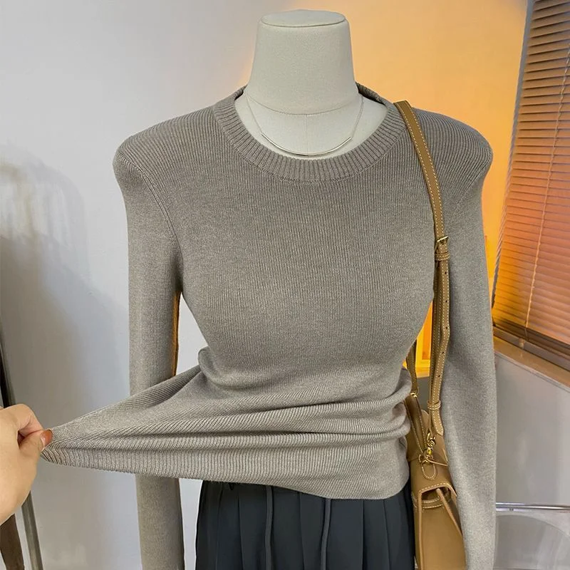 الخريف الشتاء طويلة الأكمام بلون الموضوع تنوعا سترة المرأة قاع البلوز سترة جولة الرقبة ضئيلة أعلى جديد