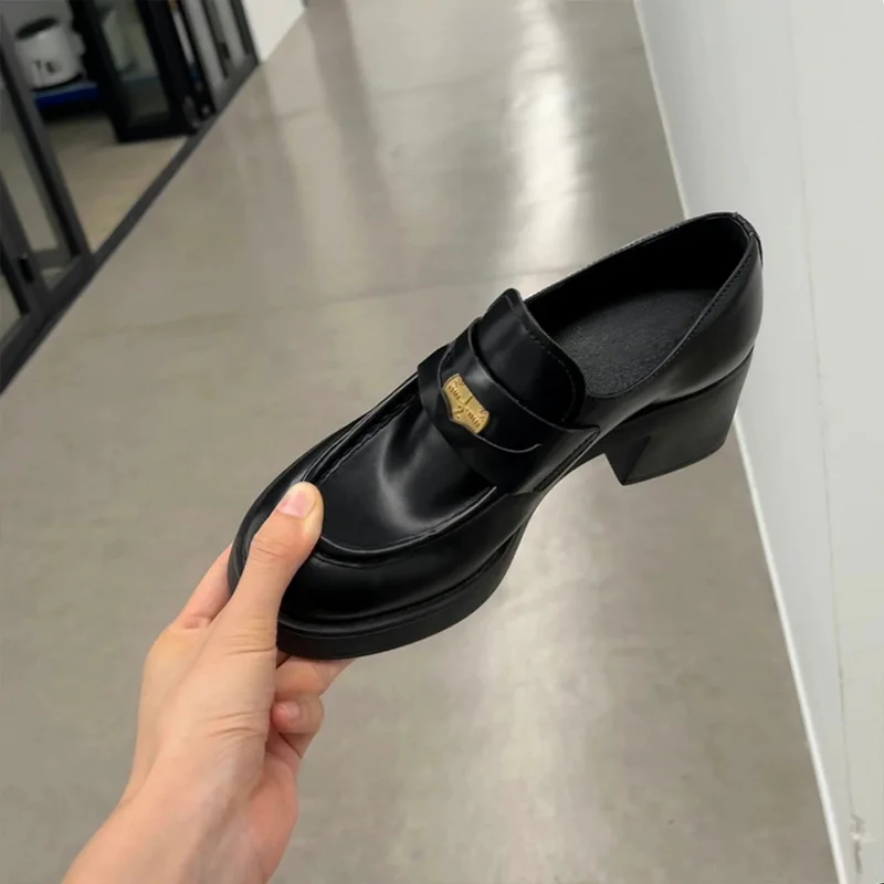 

Le Fu Shoes Women's British Thick soled High Heels Coarse Heels French Lazy Small Leather Shoes