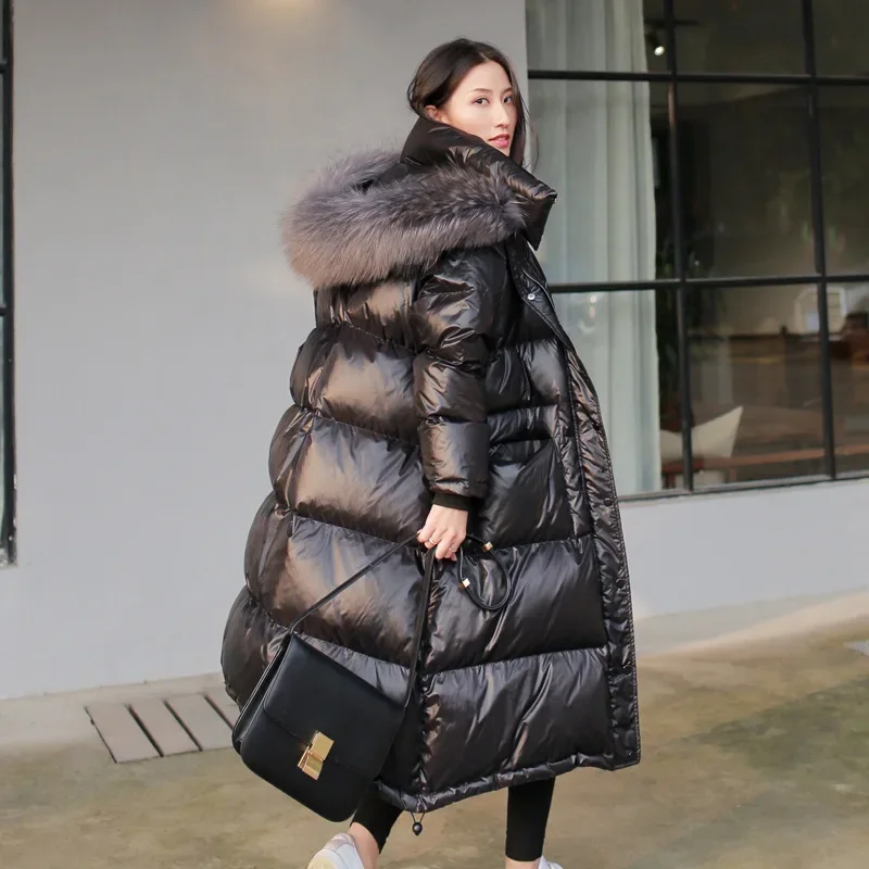 Down Jacket Women's Long Over Knee Extension 2023 New Korean Version Large Fur Collar Thickened Loose Winter Clothing