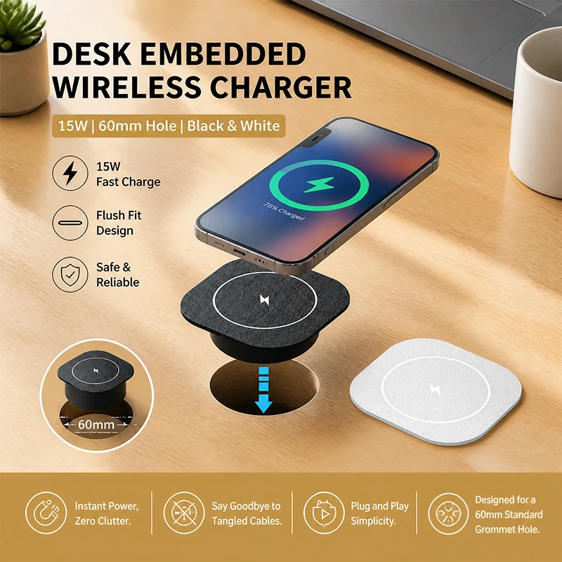 15W Built-in Wireless Charger Flush Mount Desktop Charging Station Black & White , US/EU/UK Plug Fast Charge for Office Home