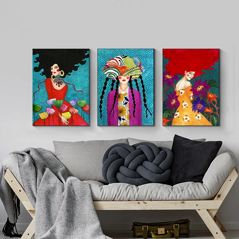 Abstract And Colorful Girl Mural Oil Painting Nordic Poster Canvas Mural Living Room Retro Frameless