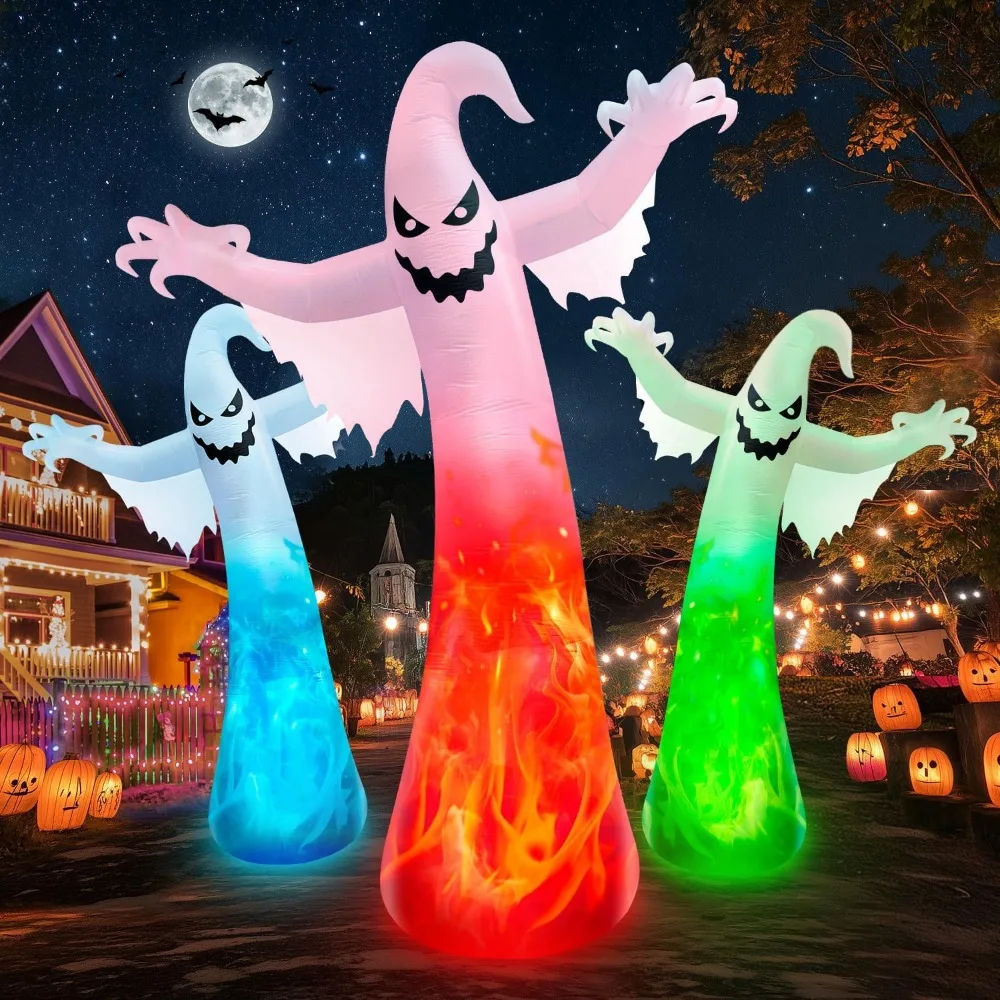 Giant 12-Foot Halloween Ghost Inflatable with Rotating 3-Color Flame LED Lights, Large Outdoor Spooky Decoration