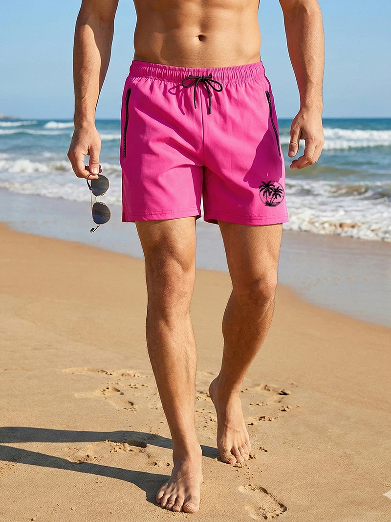 Coconut Tree Sunset Print Beach Shorts for Men Summer Casual Board Shorts with Mesh Liner Zipper Pockets Swim Trunks Swimwear