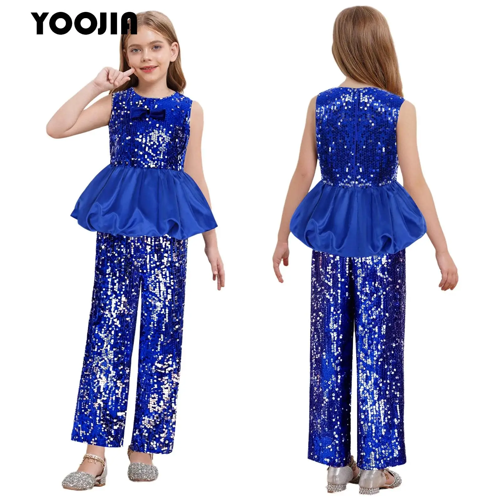 

Kids Girls Shiny Sequin Party Outfit Sleeveless Puff Peplum Tank Top and Long Pants Elegant 2-piece Set for Birthday Party Proms