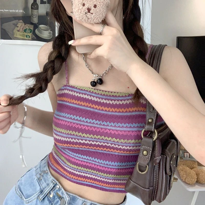 

Summer Women Knitted Small Vest Color Stripe Suspender Shirt Slim Fit High Street Short Sexy Sling Female Bottoming Tanks Tops