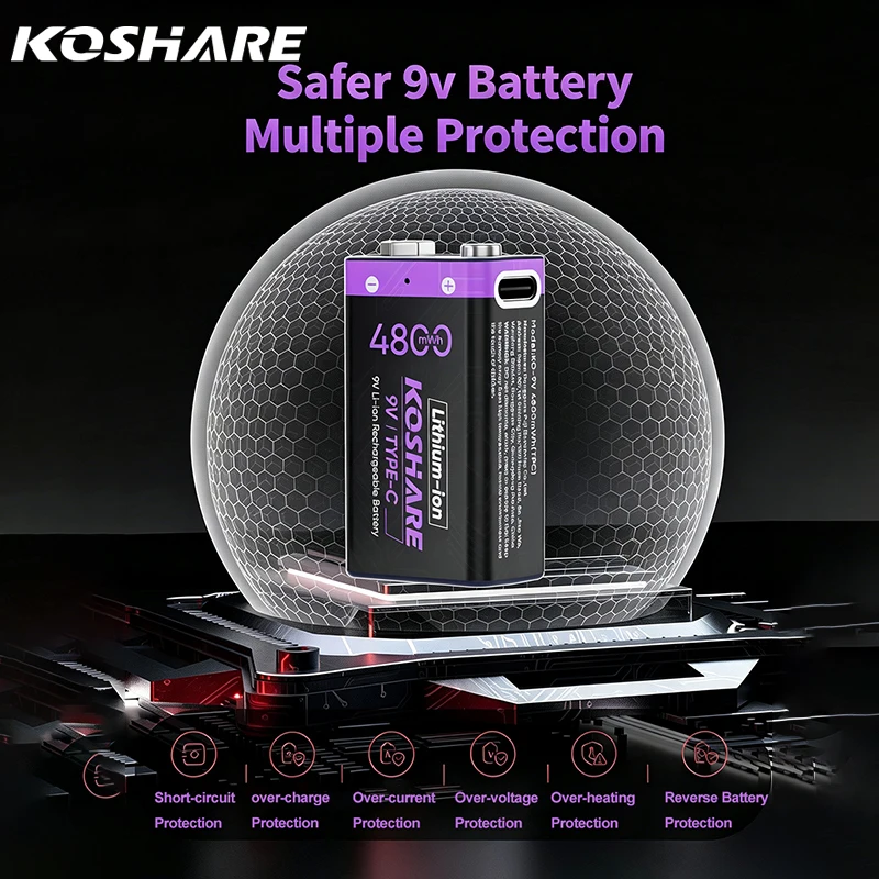 KOSHARE Type-C Rechargeable 9V Lithium Batteries 4800mWh High Capacity 6F22 Li-ion Battery For Musical Instruments and Toys