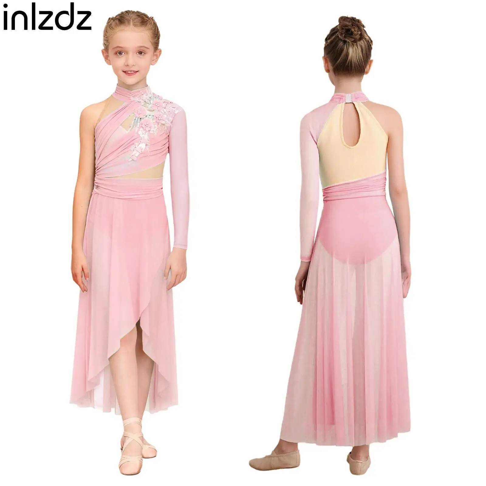 

Kids Girls Lyrical Contemporary Dance Dress Gymnastics Ballet Jersey Performance Costume Applique Asymmetrical Ruched Mesh Dress