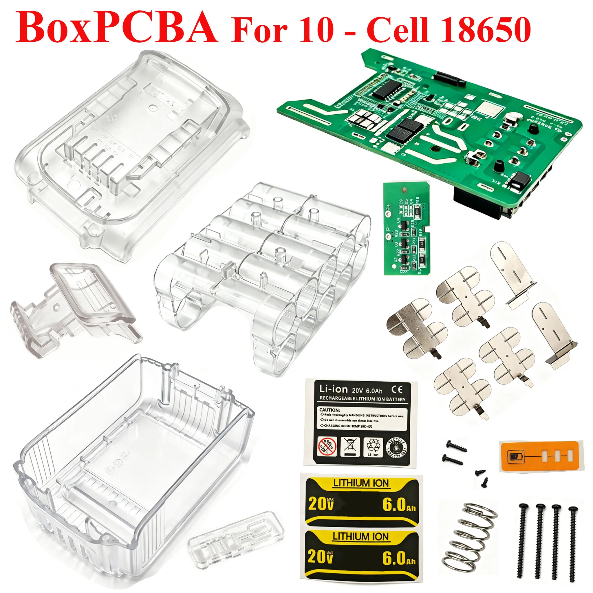Transparent Lithium Batteries Case BMS PCBA Circuit Board For Dewalt 20V Li-ion Battery Storage Box 10X18650 Housings Kit Shell