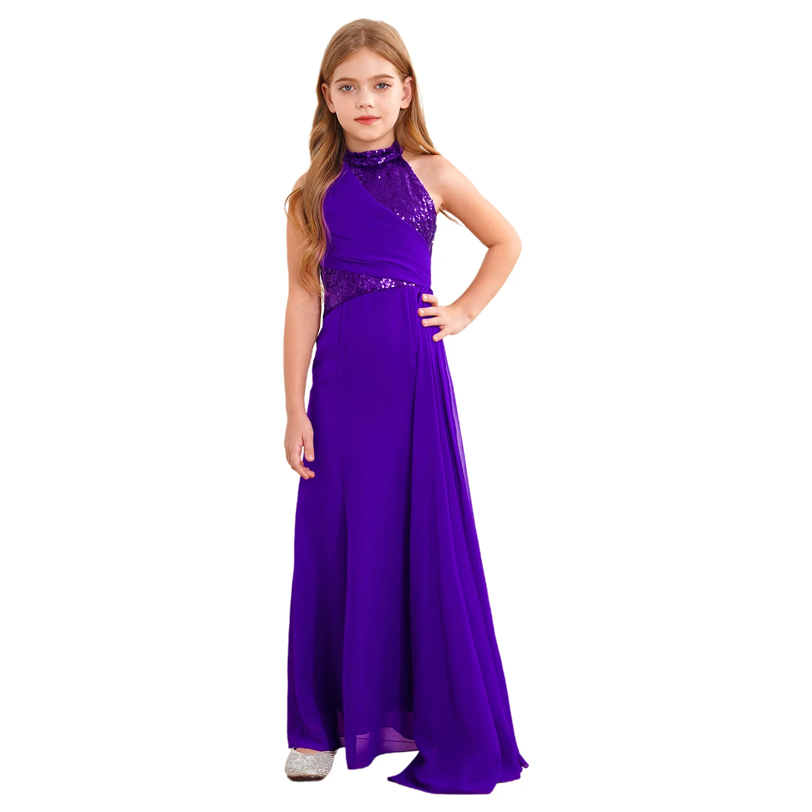 Vestido de festa brilhante lantejoulas feminino, Halter Halter, vestido maxi sem mangas para banquetes de casamento, Robes de enchimento, 15 Meninas