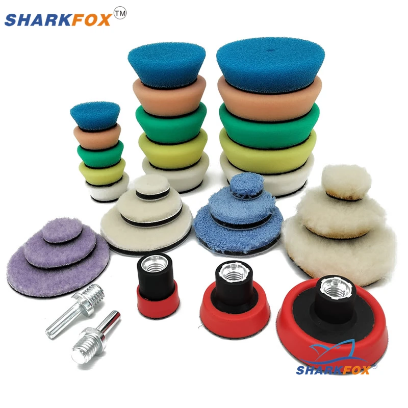 Sharkfox 32Pcs 1inch 2inch 3inch Mini Buffing Polishing Pads Kit Wool Pad Waxing Sponge Car Detail Polisher Pads Tools