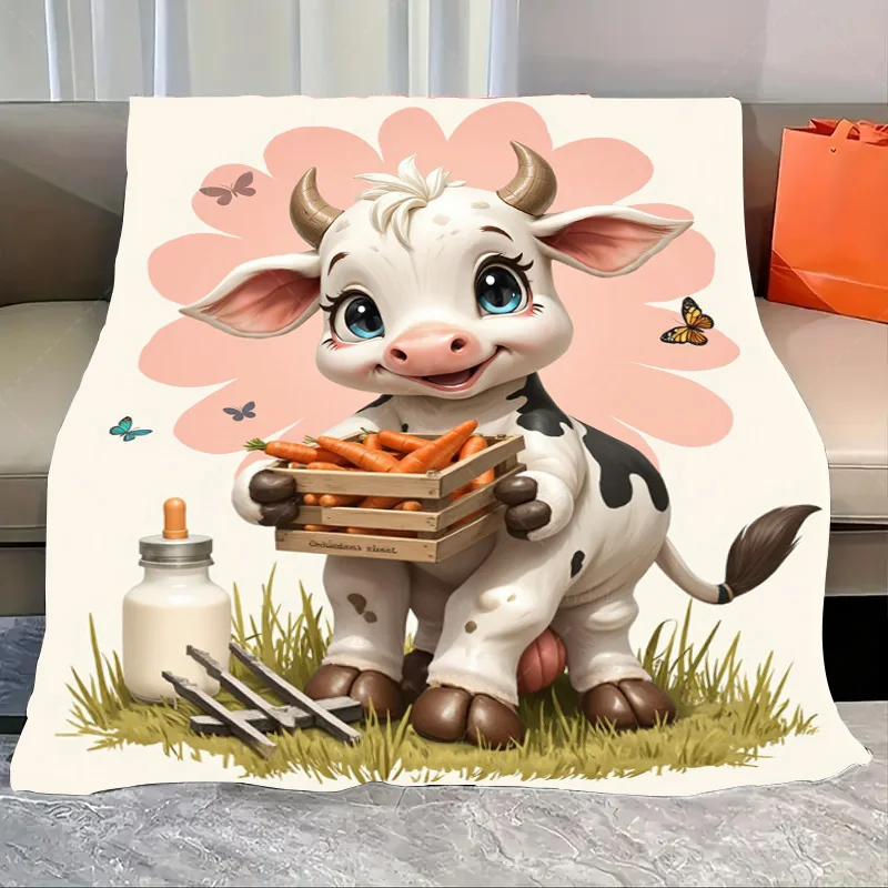 

1pc Flannel Blanket Cute Cow with Carrots Farm Scene Blanket for Kids Room Decor
