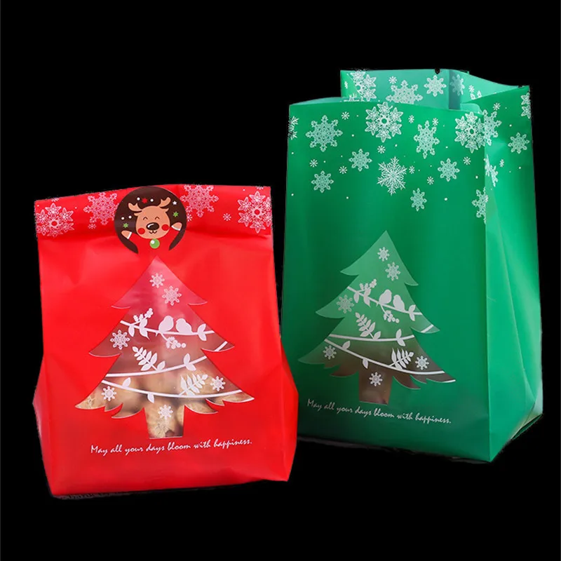 50pcs Christmas Tree Plastic Bags Xmas New Year Decoration 2024 Handmade Candy Cookie Nougat Snowflake Baking Packaging Pouch