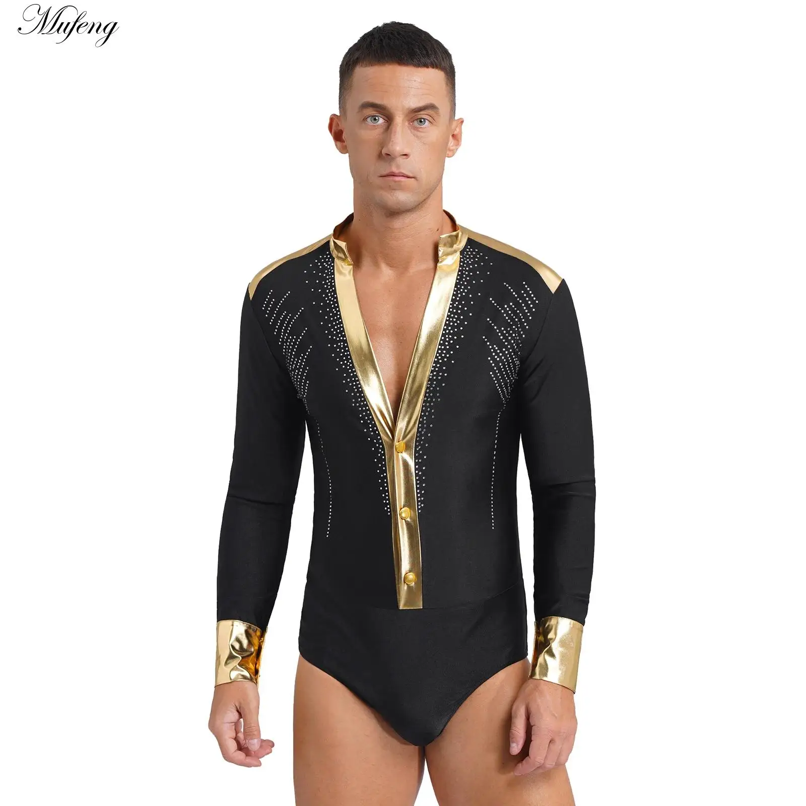 Men Shiny Rhinestone Latin Dance Costume V Neck Latin Dance Leotard Modern Jazz Rumba Chacha Ballroom Shirts Competition Uniform