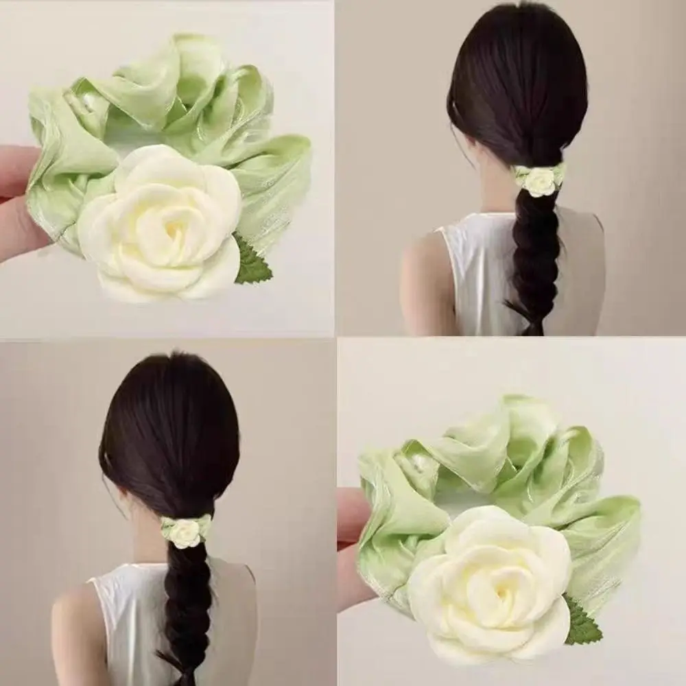 

Elegant Organza Rose Flower Hair Tie Non Slip High Elasticity Camellia Flower HairBand Ponytail Holder Women