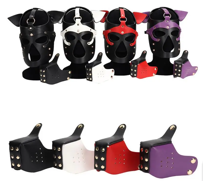 Unisex Sexy Fetish Role Play Costumes of Leather Harness Dog Mask Headgear for Halloween Carnival Masquerade Party Fun Prop