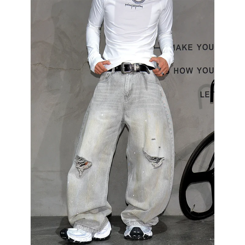 

High Street Vibe Distressed Ripped Baggy Jeans for Men, American Streetwear Curved Leg Stacked Trousers
