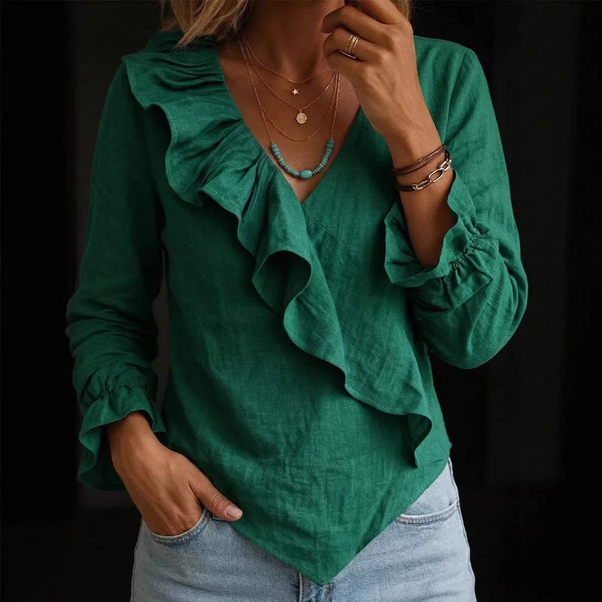 2026 New Women's Long Sleeve Solid Color V Neck Ruffle Trim Irregular Hem Blouse Elegant Commuter Versatile Daily Casual Shirt view 3