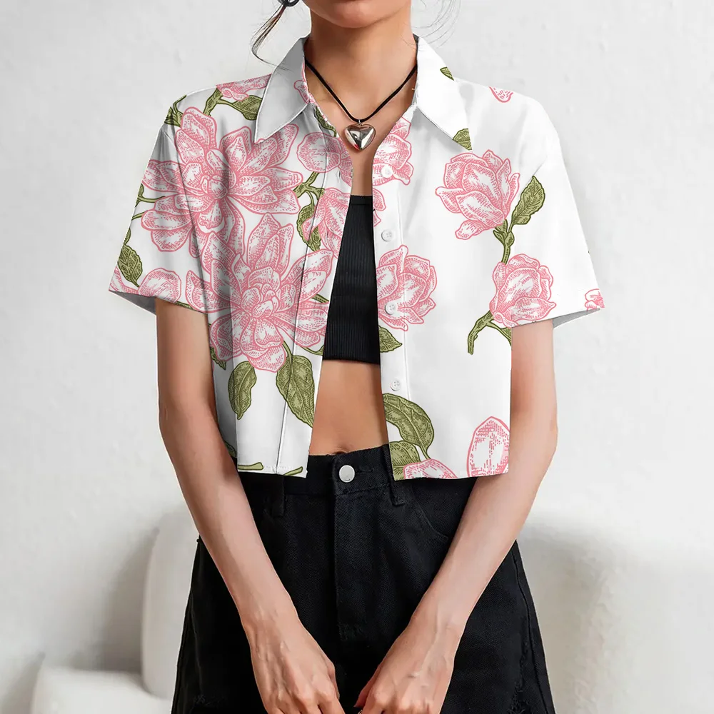 Fashion 3d Maple Leaves Printed Women's Short Shirts Summer Spring Streetwear For Youth Women Slim Fit Button Lapel Crop Tops