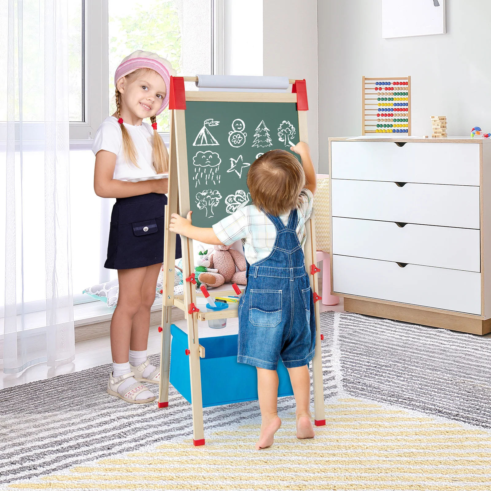 3-in-1 Kids Art Easel Double-Sided Wooden Adjustable Magnetic Drawing Board