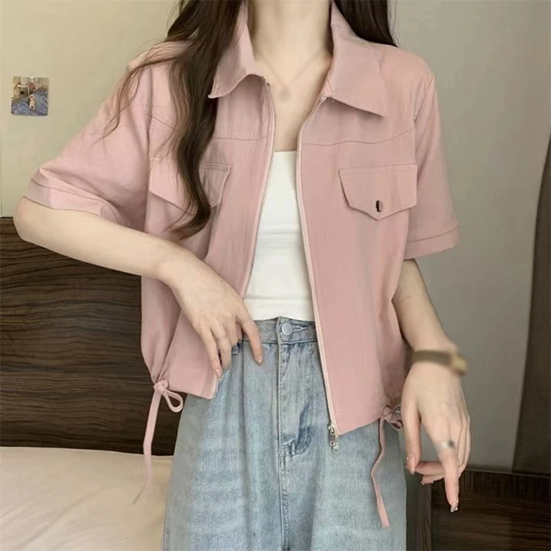 Drawstring Lace-Up Zipper Shirt 2024 Summer Tooling Short Loose Short-Sleeved Top Artistic Office Women\'s Breathable Clothing