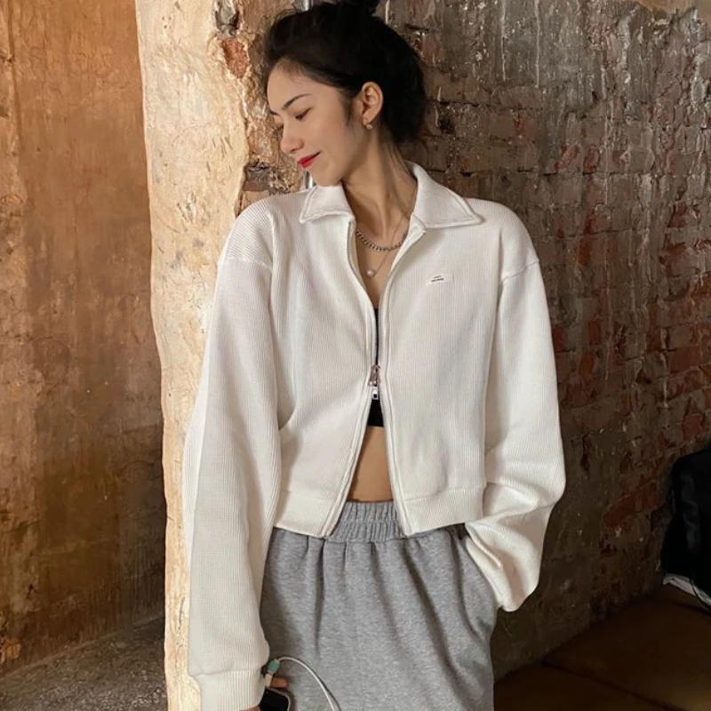 Zip-up Cropped Sweatshirts Women Casual Personality Simple Streetwear Fashion Spring Autumn K Pop Clothes Chic Students Classic