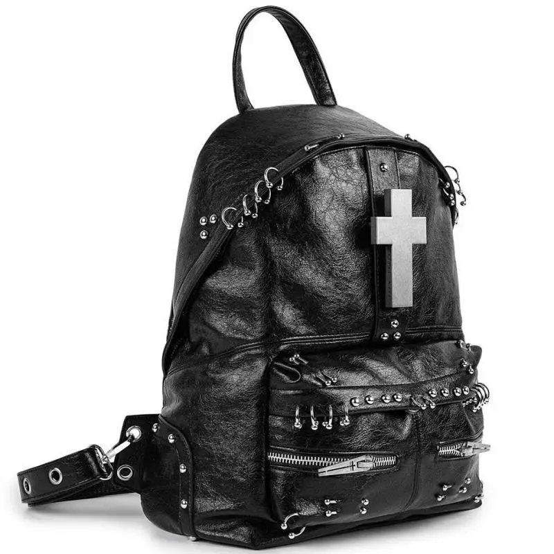European And American Cross Metal Decoration Perforated Design, Dark Subculture Style, Large Capacity Backpacks For Women Trendy