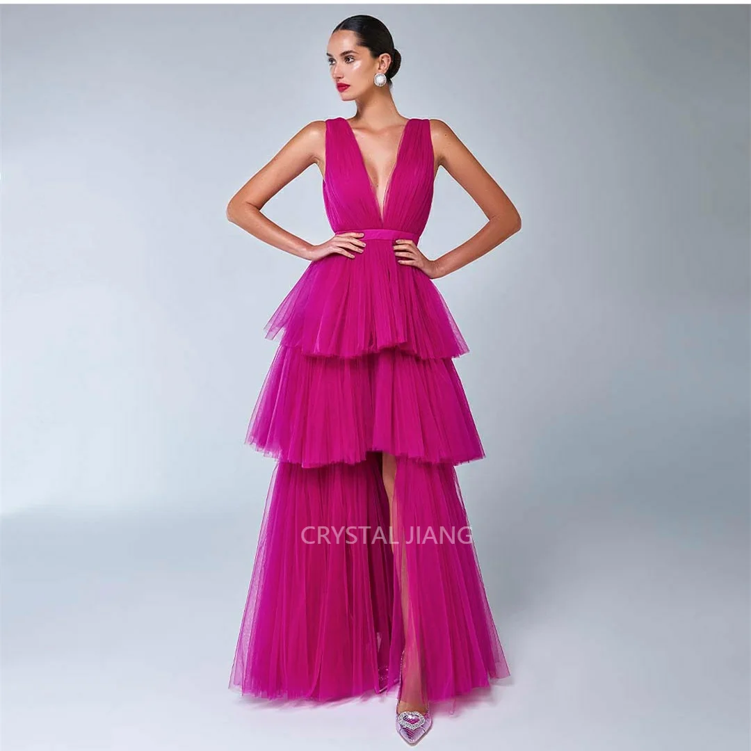 

Elegant Long Fuchsia V Neck Tulle Prom Dressesفساتين للحفلات الراقصة With Slit A Line Tiered Floor Length Formal Dresses