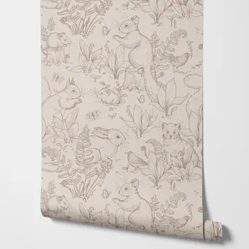 טפט חיים ביער טפט. טפט בצבע בז' עם חיות בסגנון יער עם ארנב וכלב פראי קטן