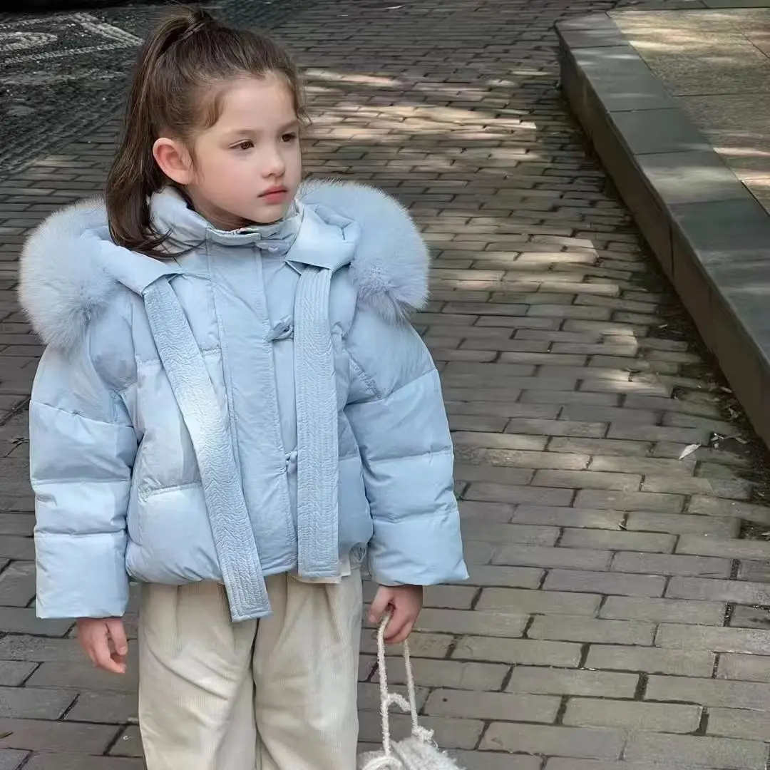 Modische Mädchen Winter Warme Baumwolljacke Kinder Dicker Pelzkragen Kurzer Mantel Kinder Oberbekleidung
