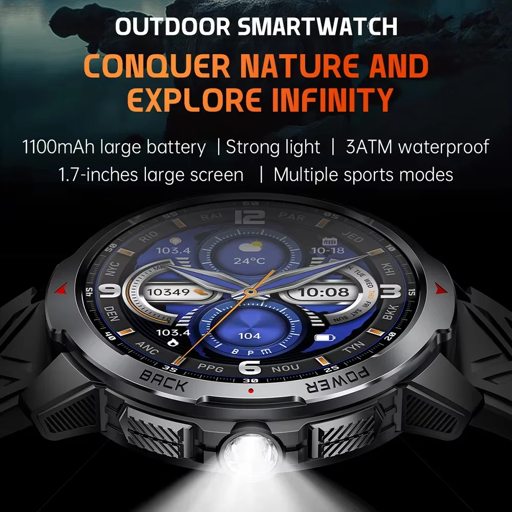 2026 nuevo reloj inteligente para hombres brújula 1100mAh batería grande linterna LED 3ATM impermeable Bluetooth llamada ritmo cardíaco reloj inteligente deportivo