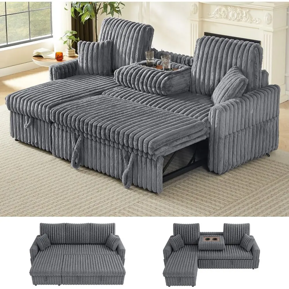 

81 L-Shaped Sleeper Sofa with Pull-Out Bed, Reversible Chaise, Storage, and Charging Station in Light Grey Corduroy