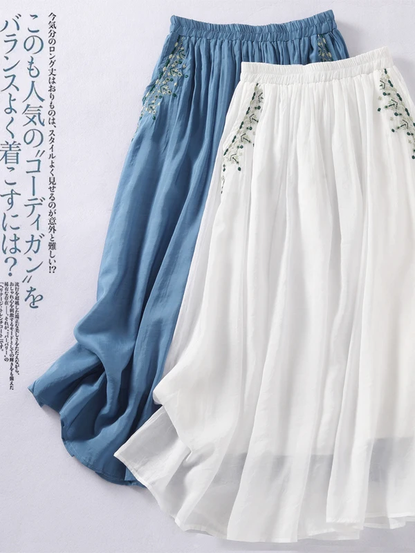 Gonna longuette in lino di cotone Ele Gonna longuette da donna estiva 2025 dimagrante con ricamo etnico Gonna artistica per pendolari