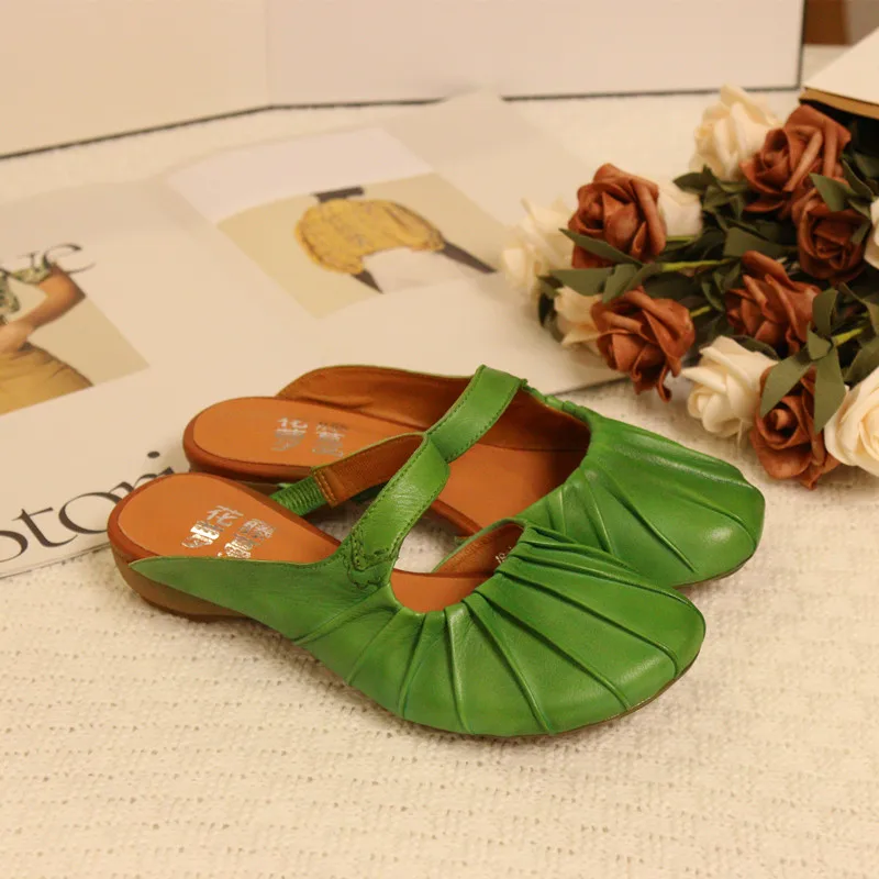 

Leather Slip-On Slippers Casual Low Heel Thick Heel Pure Color Women's Sandals Comfortable Soft Inner Pig Skin Rubber Sole
