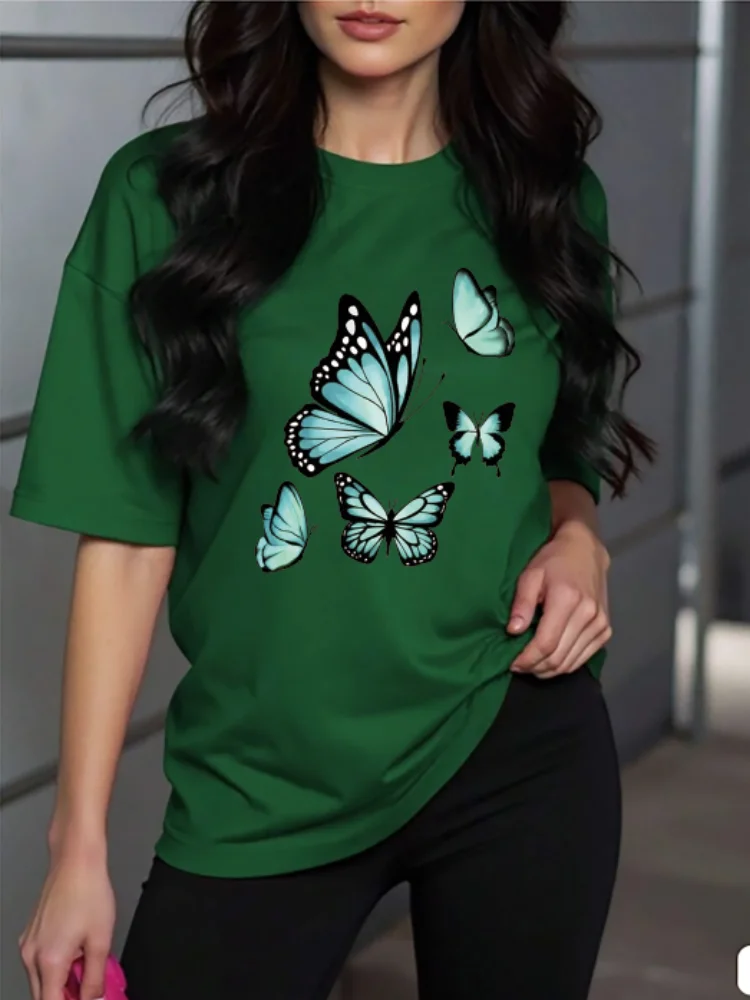 Women's Casual Short Sleeve Crew Neck T-Shirt - Bright Blue Butterfly Print, Soft Breathable Fabric, Machine Washable