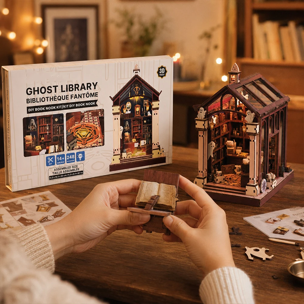 DIY 3D Wooden Ghost Library Book Nook Cottage Miniature Model Kits Assembly Jigsaw Puzzles for Friends Birthday Gifts
